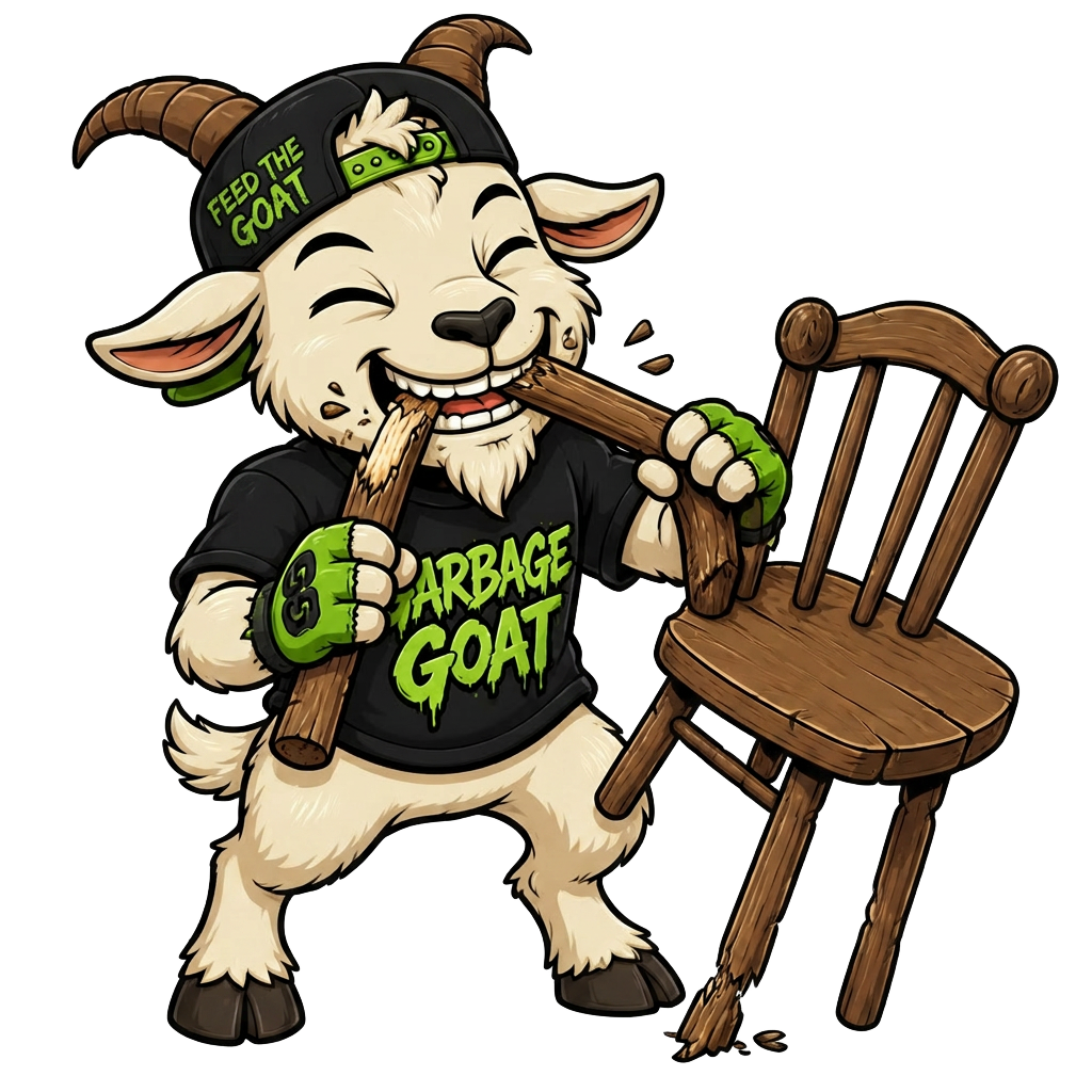 Goat chewing on a chair